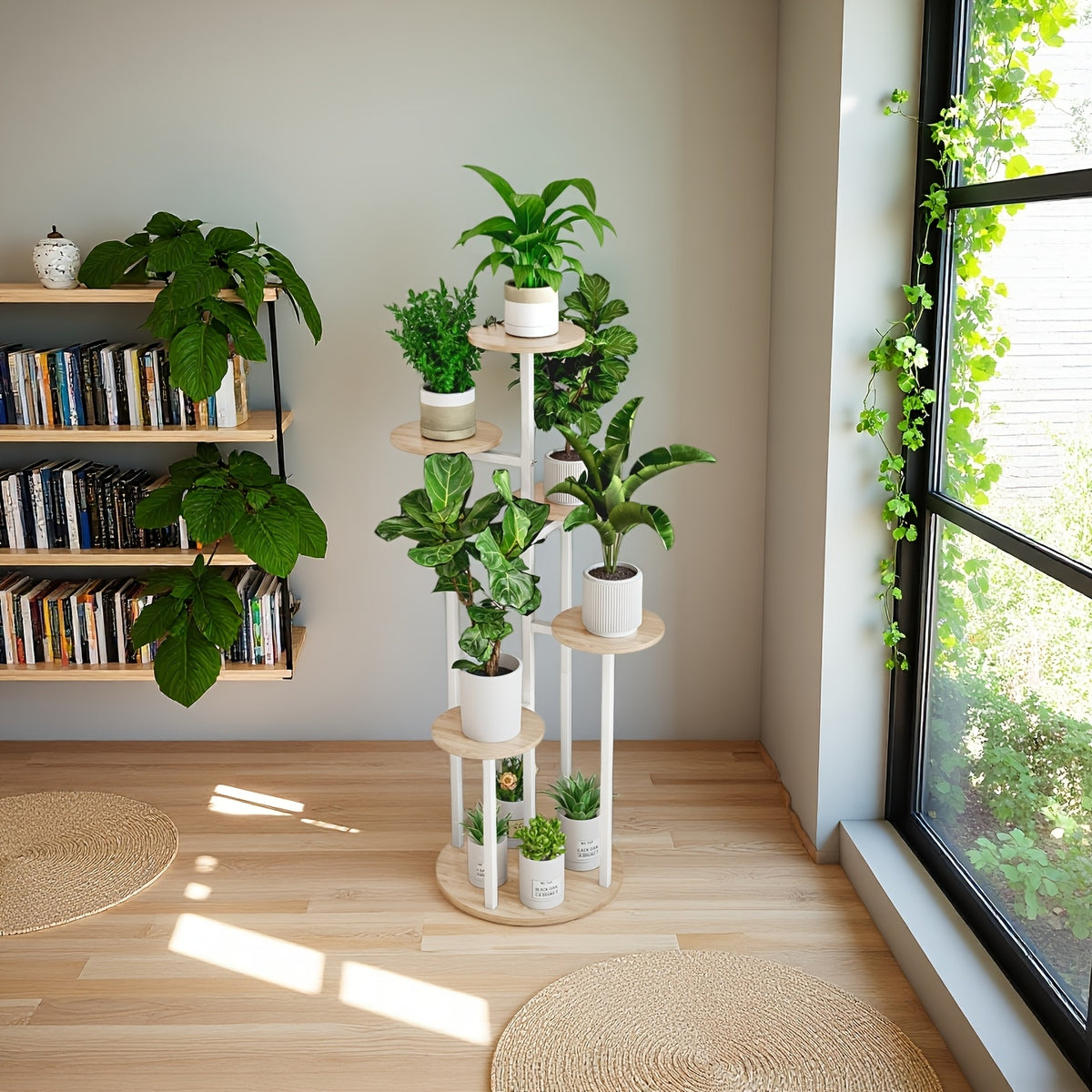 Six-Tier Metal Plant Stand by SUOERNUO with Listed Nine-Pot Display Layout, EVA Base Pads and Black or White Options for Indoor Corner Decor
