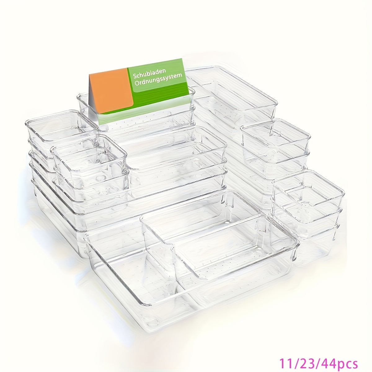 Transparent PET Drawer Organizer Set with 44-Piece, 58-Piece, 23-Piece or 11 Plus 2 Options for Desktop, Vanity, Bathroom and Bedroom Small-Item Storage