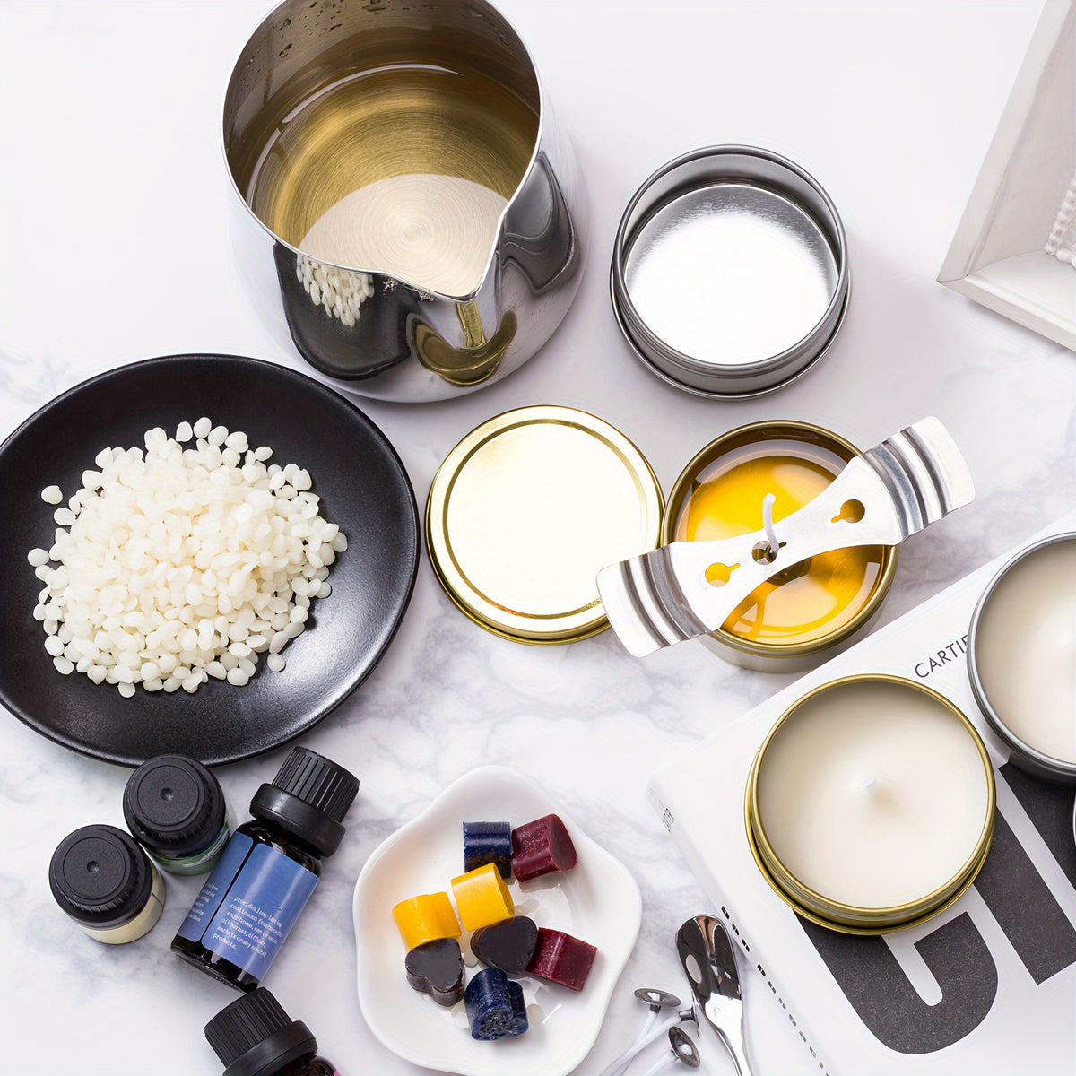 DIY Candle Making Supply Kit for Adult Beginners with Listed Fragrance Oils, Pouring Pot, Stirring Spoon, Measuring Cup, Jar and Colorants for Handmade Gifts
