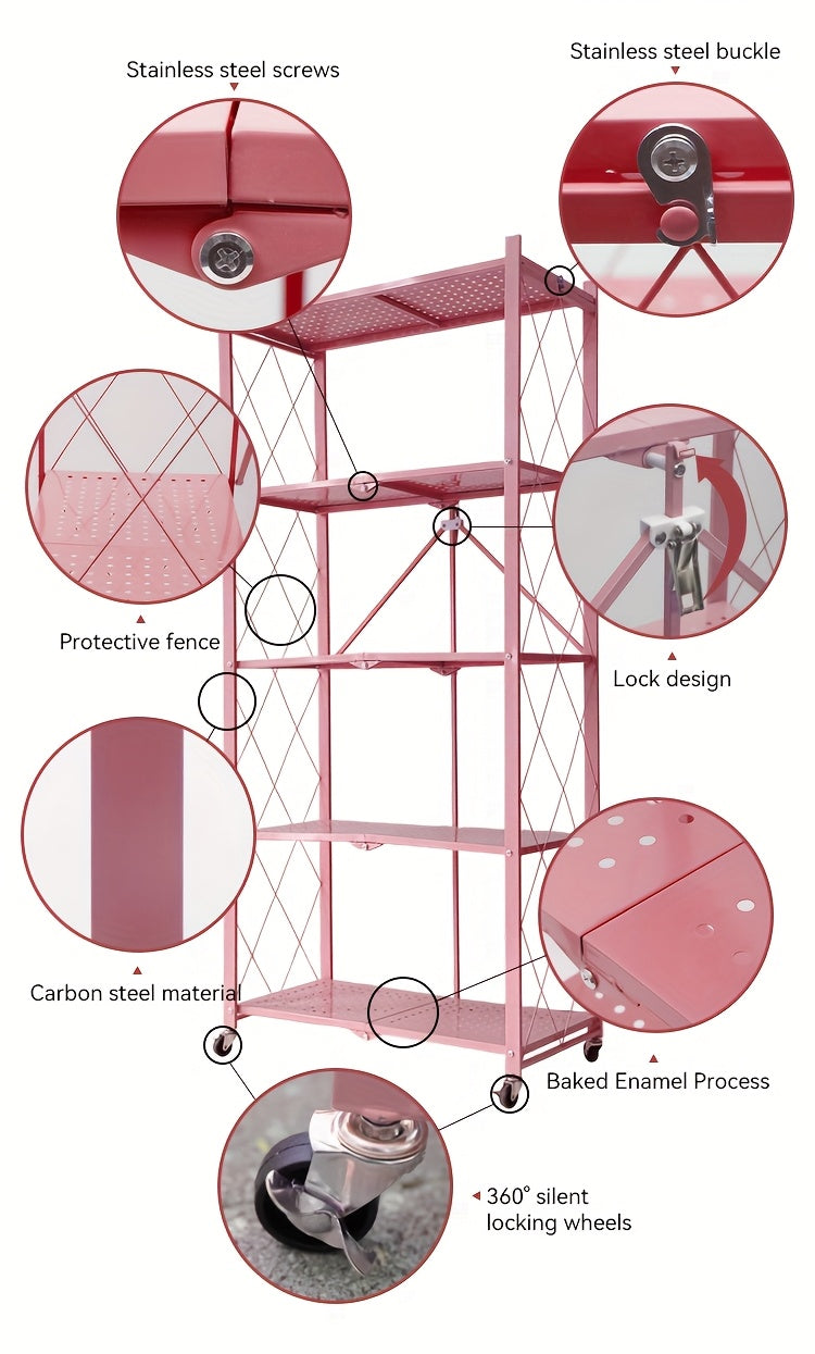 Rolling Folding Storage Rack with Metal Construction and Listed Locking Wheels, Three- to Five-Tier Model Labels for Kitchenware, Household and Dorm Organization