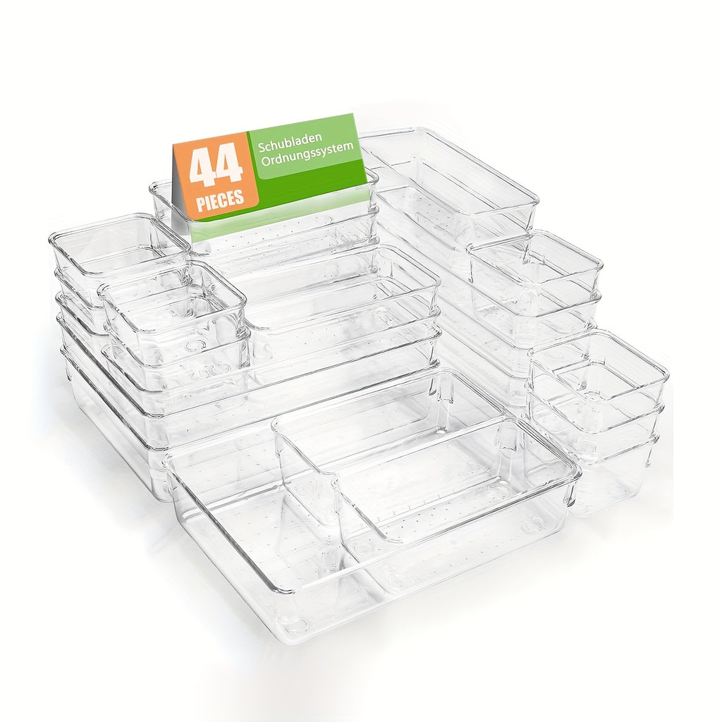 Transparent PET Drawer Organizer Set with 44-Piece, 58-Piece, 23-Piece or 11 Plus 2 Options for Desktop, Vanity, Bathroom and Bedroom Small-Item Storage
