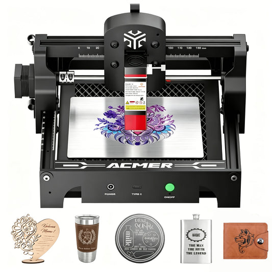 Laser Engraving Machine ACMER S1 with Listed 130 x 130mm Work Area, 3.5W or 6W Model Options for Compatible Craft Materials and Personalized Gift Projects