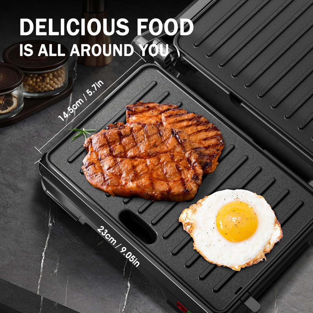 Two-Slice Panini Grill Press in Black with Listed 850W Heating, Nonstick Plate Design and 180-Degree Opening for Sandwich Toasting and Home Kitchen Cooking