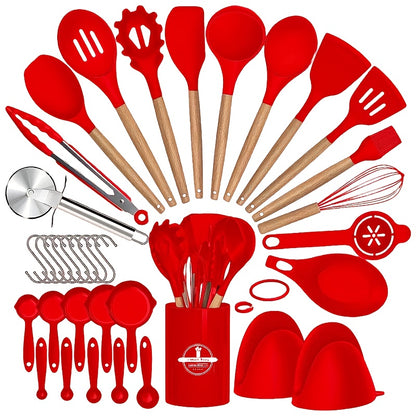Silicone Cooking Utensil Set, 37 or 44-Piece Kitchen Tool Options in Five Colors for Beginner Cooks, Everyday Meal Preparation and Housewarming Gifts