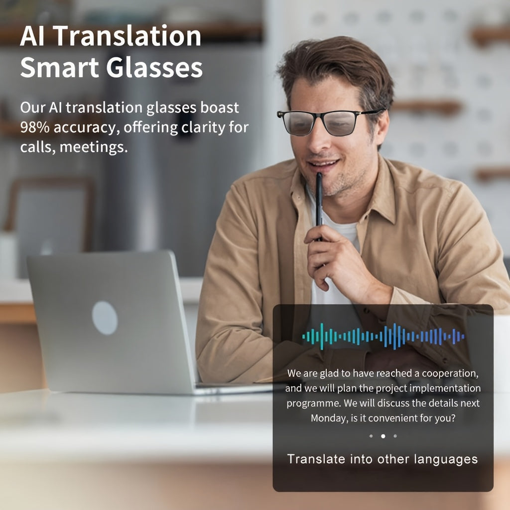 160 Language Translation Smart Glasses, AI Audio Glasses with ChatGPT, HD Calls & HiFi Music, Built-in Mic & Speaker, Photochromic Lenses, Real-Time Translator Eyewear for Travel, Meetings, Men & Women