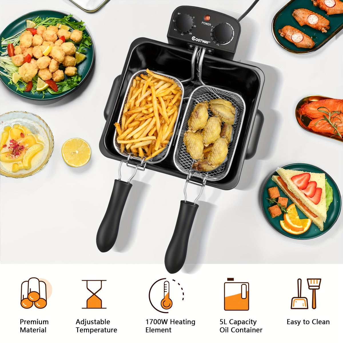 Viewing Window Electric Deep Fryer with Three Baskets, Listed 5.3QT Oil Capacity and 1700W Heating, Adjustable Temperature and Timer for Home Fried Food Preparation