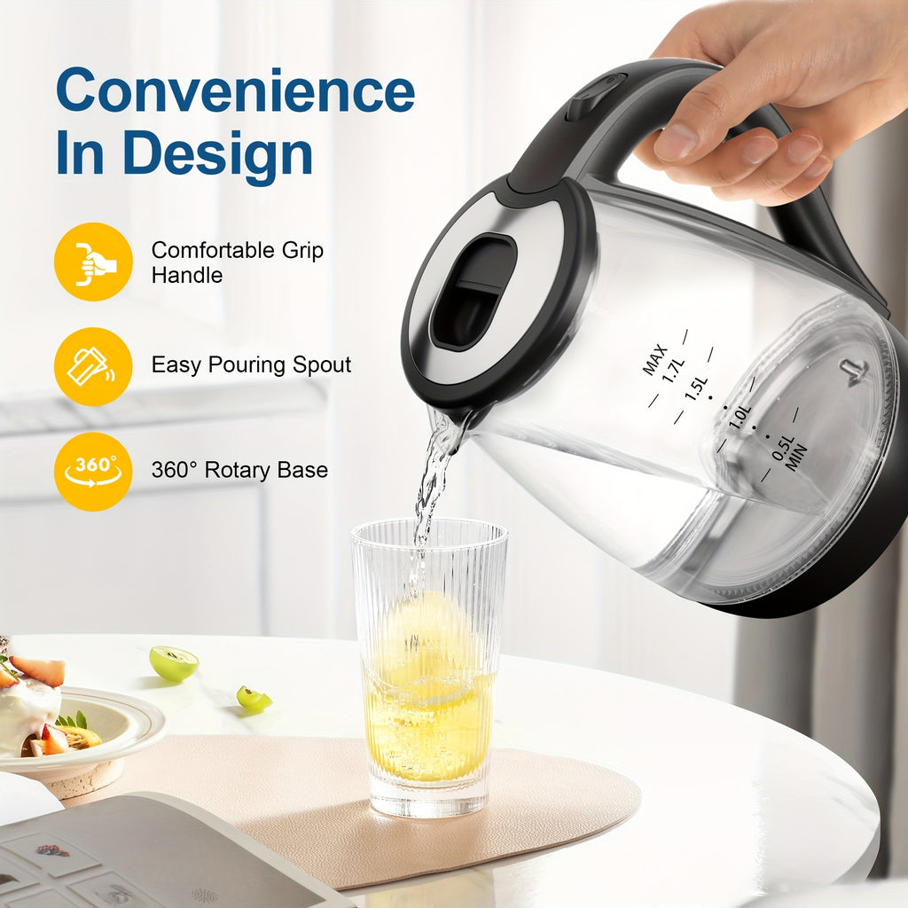 Angled-Spout Electric Kettle with Listed 1.7L Capacity and 1200W Heating, Black or Glass Model Labels, Blue LED and Auto-Shutoff Wording for Hot Water Preparation