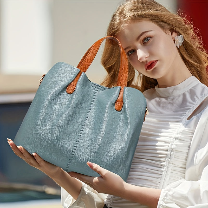 Wrist Strap Tote Handbag for Women with Listed Cowhide Leather and Crossbody Carry Styling, Five Color Options for Daily Outings and Travel Wardrobes