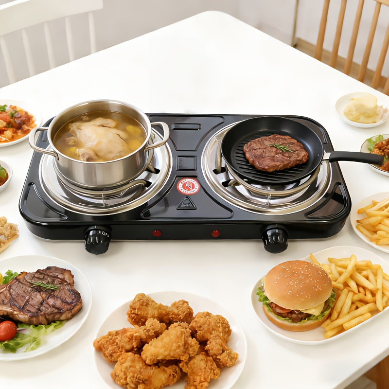 Double-Coil Electric Hot Plate with Five Adjustable Heat Settings, Black Tabletop Cooking Stove with Two Burner Option Labels for Home Kitchen Meal Preparation