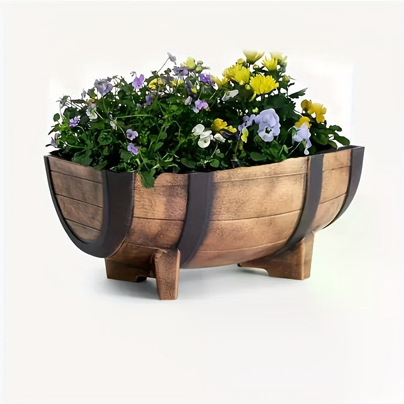 Whiskey Barrel Planter, 16.5-Inch Oval Faux Wood Resin Flower Pot with Removable Drainage Plate for Porch, Patio, Balcony and Indoor Farmhouse Decor
