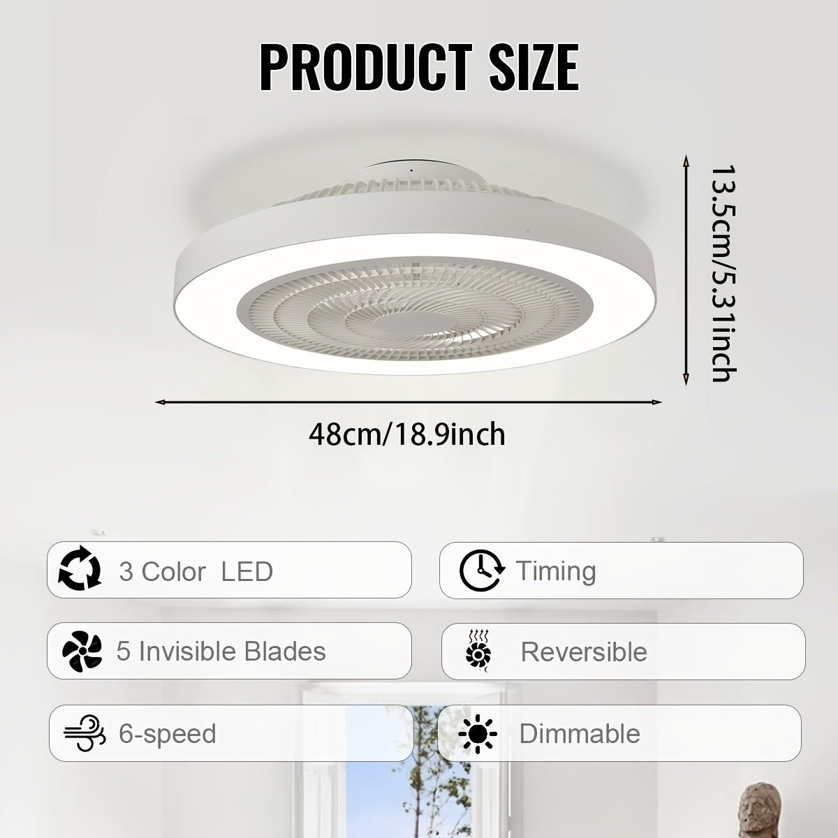 Low Profile Ceiling Fan with Light, 19-Inch Flush Mount Fandelier with Remote, Six Speeds and Dimmable 3000K–6000K LED Lighting in Black or White for Bedrooms