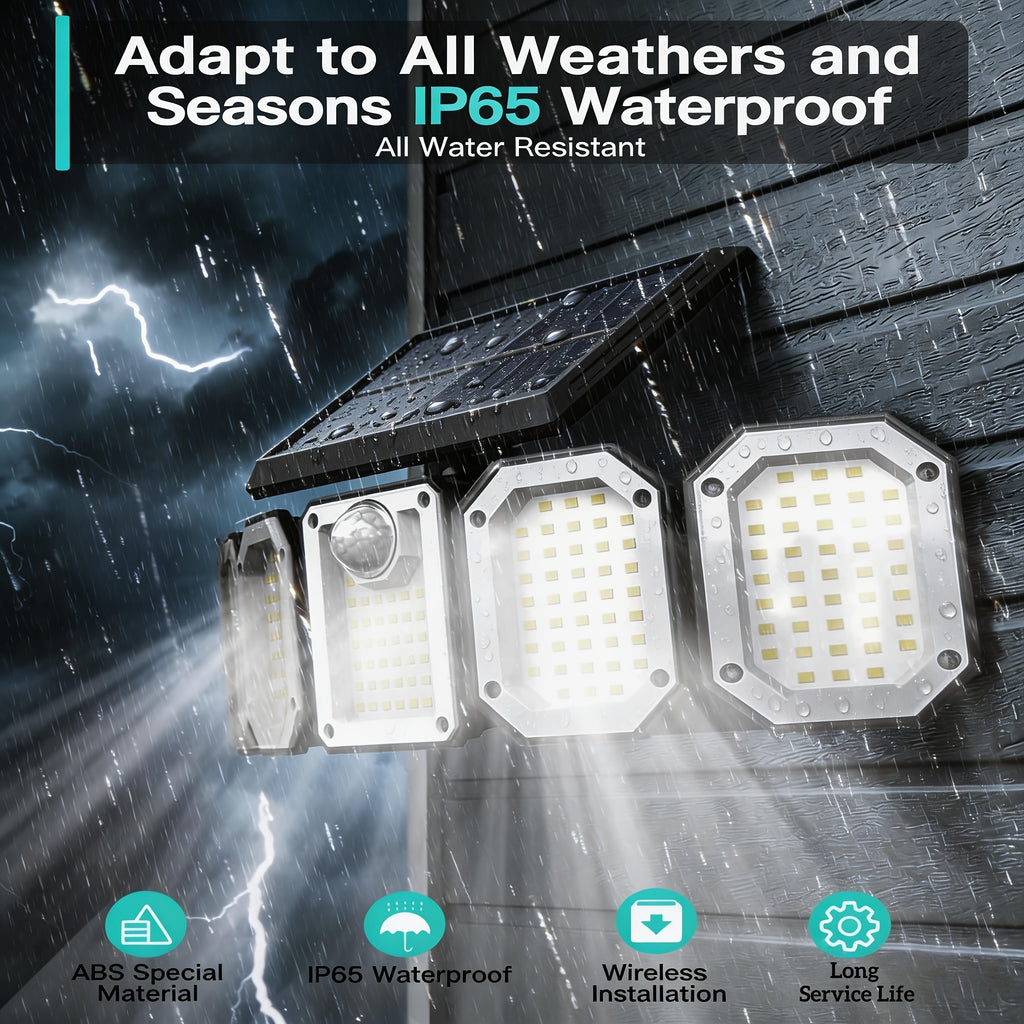 Five-Head Solar Motion Sensor Light with Listed 300 LEDs, 6500K Color Temperature, Remote Control and IP65 Rating, Single-Piece Outdoor Floodlight for Yard and Garage