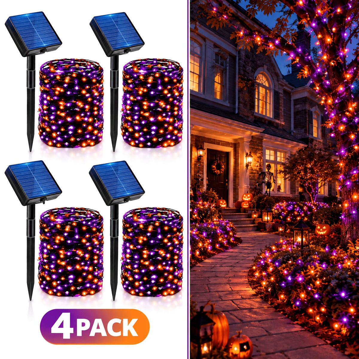Four-Pack Solar String Lights with Listed 400 LEDs and 160ft Total Length, Eight-Mode Wording and Warm, White, Multicolor or Green Labels for Garden Decor