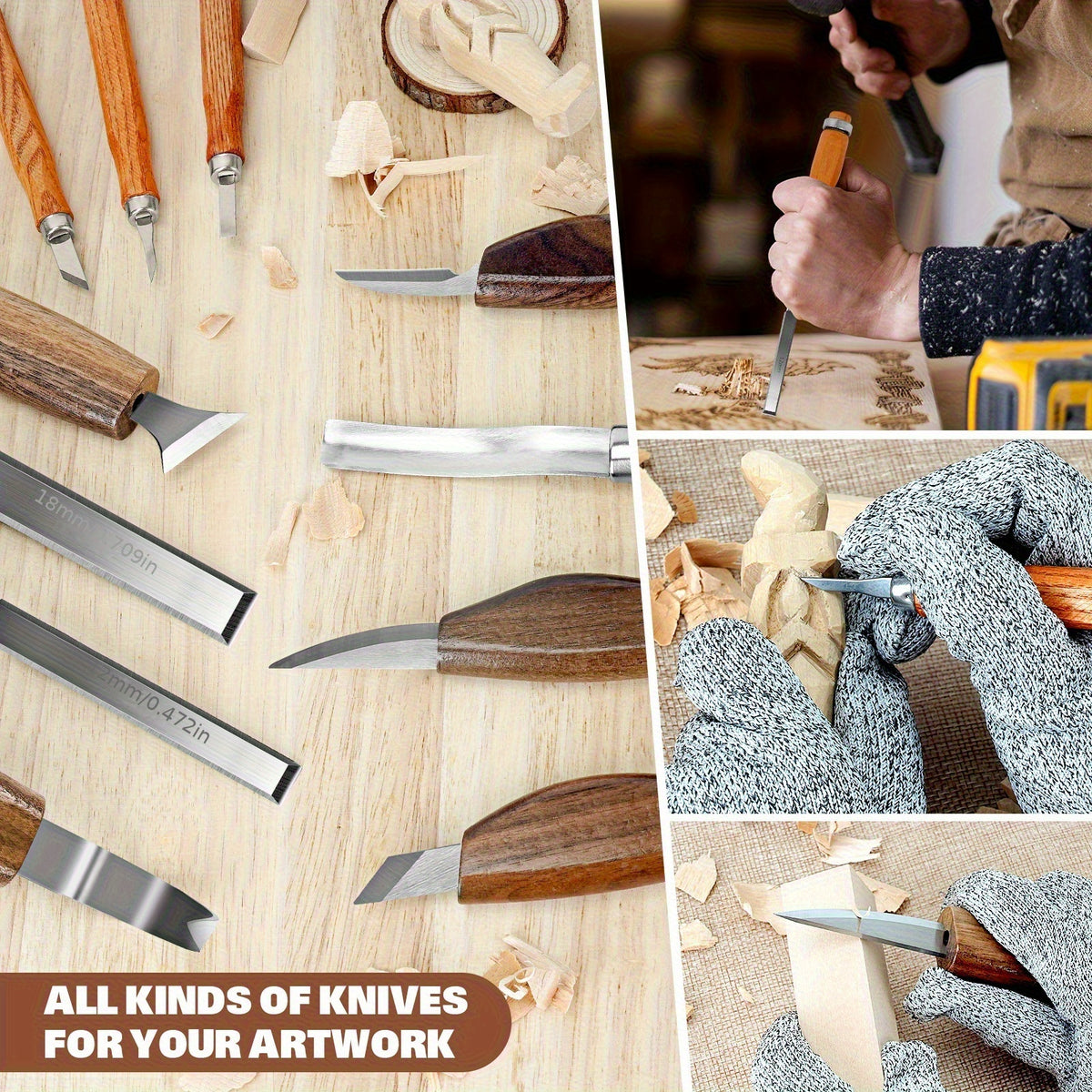 Wood Carving Knife Set with 15, 17, 20 or 23-Piece Options, Listed PU Case Packages and Detail, Hook and Geometric Tool Wording for Adult Woodworking Crafts