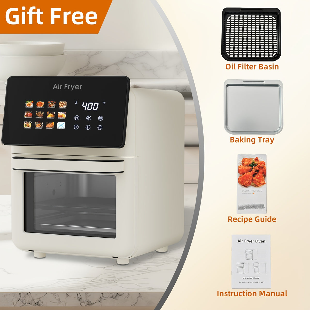Viewing-Window Air Fryer Oven with Listed 10Qt Capacity, 12-in-1 Cooking Design, Touchscreen Controls and Nonstick Basket in Cream White or Black for Kitchen Use