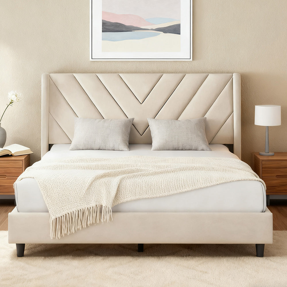 Velvet Platform Bed Frame by Costoffs with Wingback Headboard and Geometric Stitching, Wooden Slat Support, No Box Spring Needed, Twin to King Options