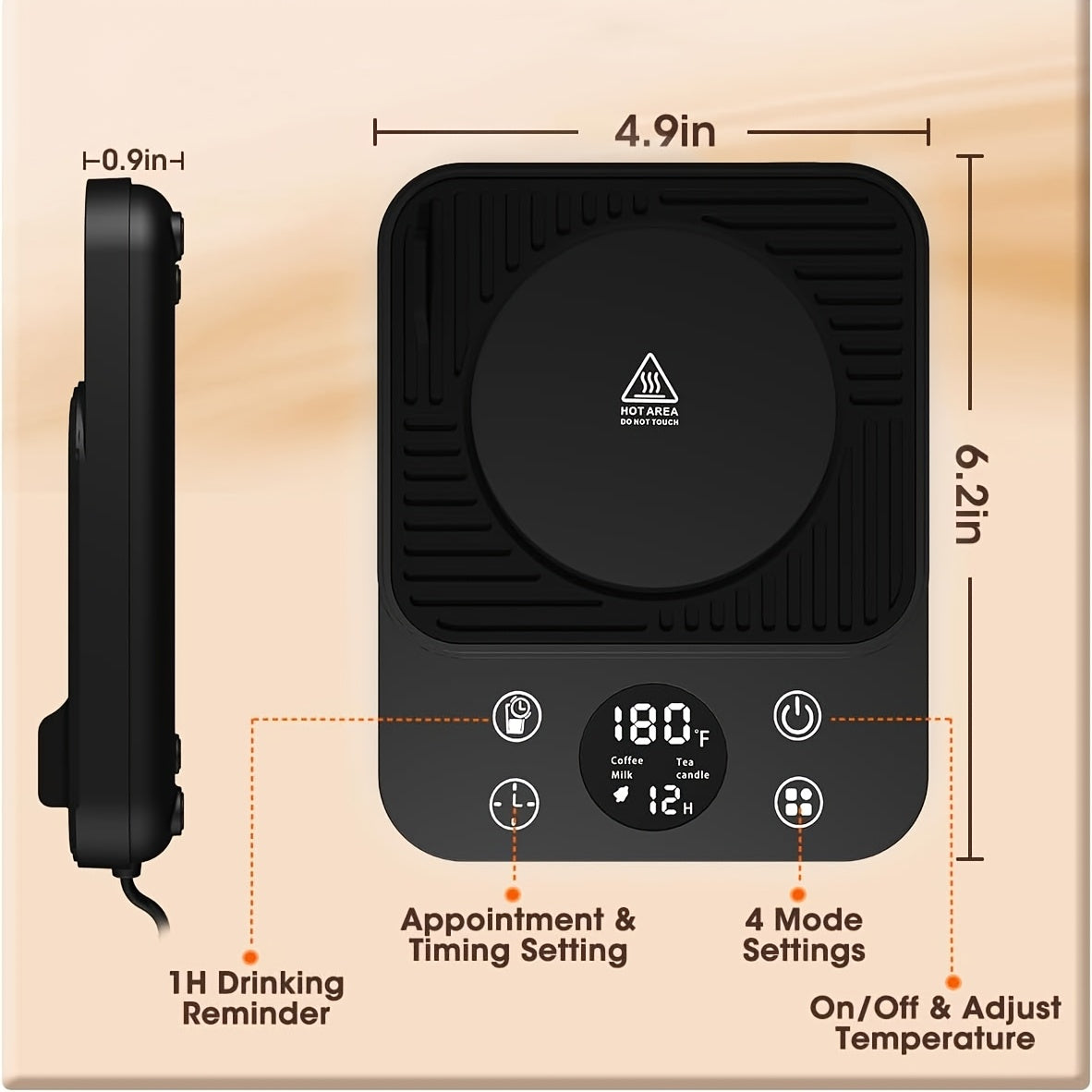 Coffee Mug Warmer with Hourly Drink Reminder, 9 Temperature Settings from 100-180°F, 4 Heating Modes, 1-12 Hour Timer and Auto Off for Desk Coffee and Tea