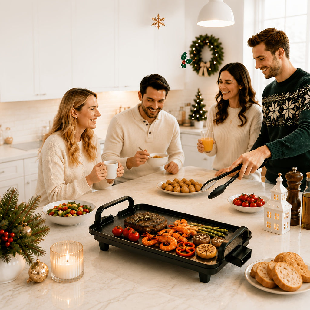 Non-Stick Electric Grill and Griddle Indoor, Adjustable Temperature Control BBQ Plate for Steaks, Skewers and Seafood with Drip Tray for Easy Cleanup, Portable Electric BBQ Grill for Camping, Family Gatherings and Outdoor Trips, Great Gift Idea