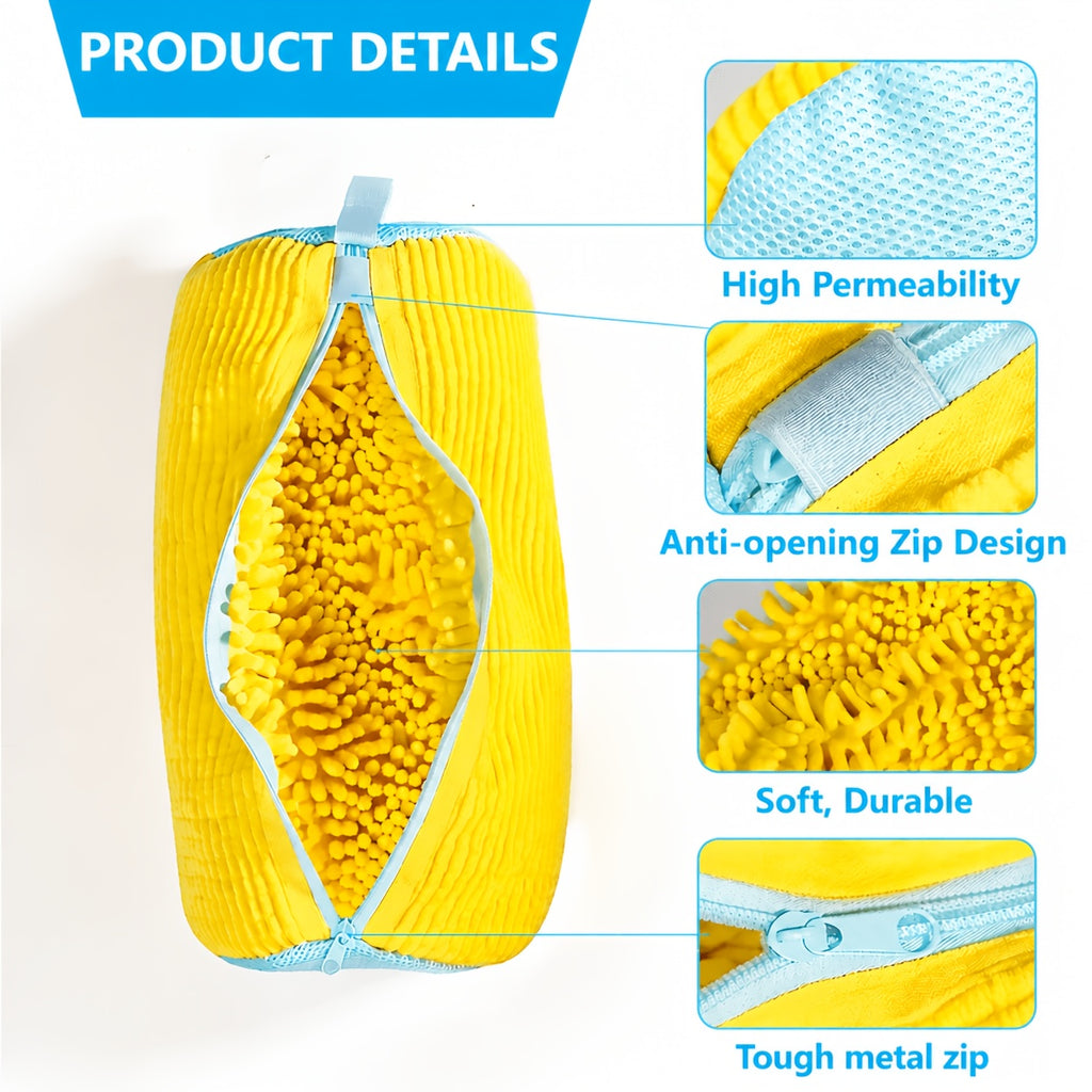 Chenille Shoe Washing Bag in Yellow with Soft Interior, Nylon Zipper and Elastic End Cover for Machine-Washable Sneakers and Household Footwear Laundry