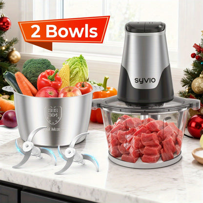 450W Two-Bowl Food Processor with Two Speed Settings and Four Bi-Level Blades, Electric Meat and Vegetable Chopper for Onions and Everyday Meal Prep