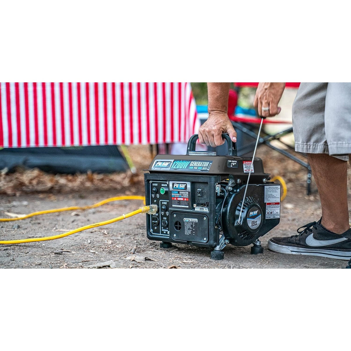 Gas-Powered Portable Generator by Pulsar with Carrying Handle, Listed 1200 Peak and 900 Running Watts, Recoil Start and 120V Outlets for Outdoor Power