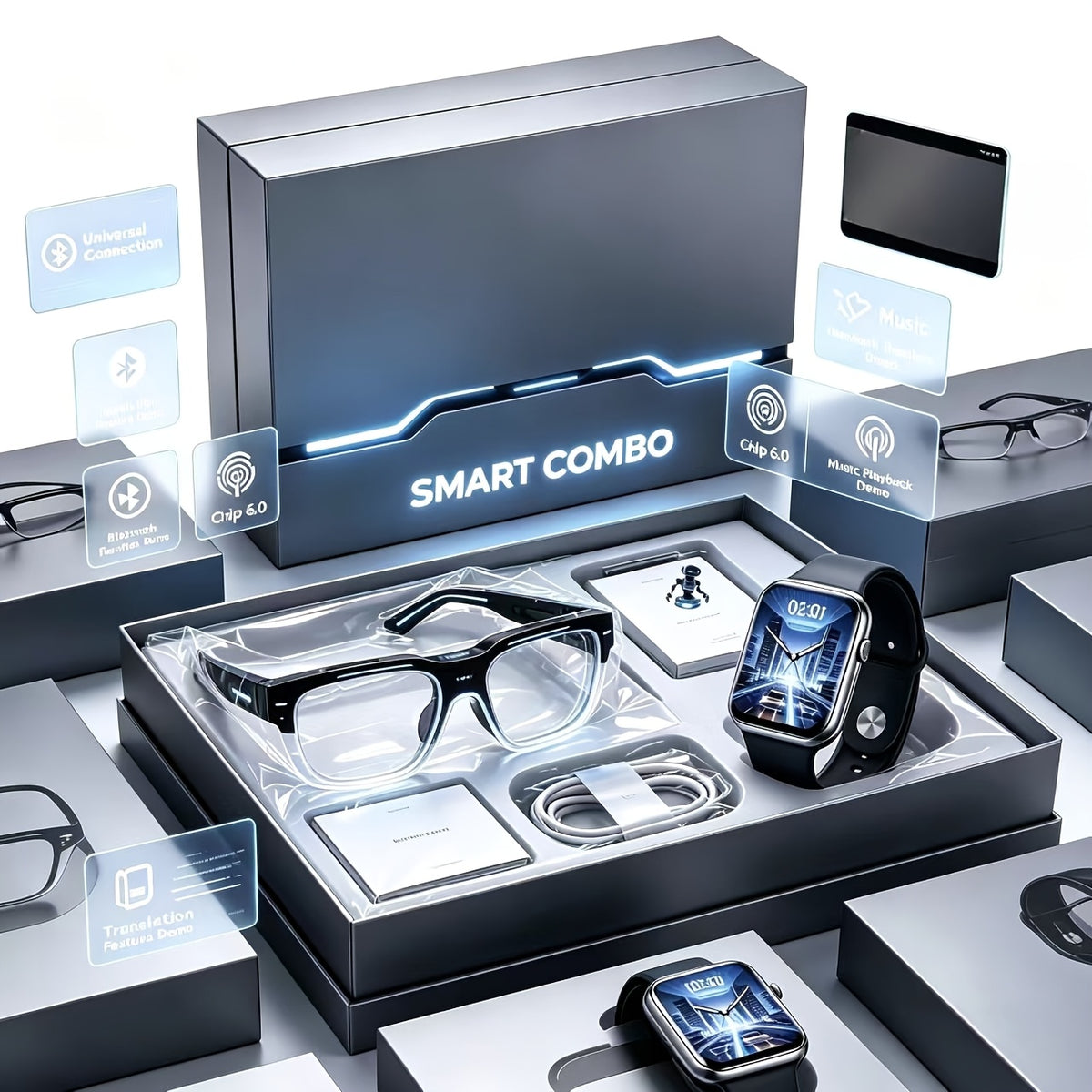 Real Time Translator Glasses and Smart Touch Watch Set with Listed AI Conference Interpretation, Wireless Music and Phone Call Features for Travel and Office Use
