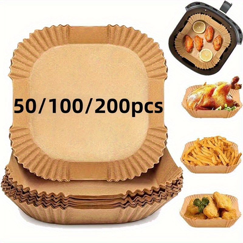 Square Air Fryer Paper Liners, 8-Inch Unbleached Disposable Baking Pads with Nonstick and Ruffled Edge Design, 50 100 or 200 Pieces for Home Cooking Prep