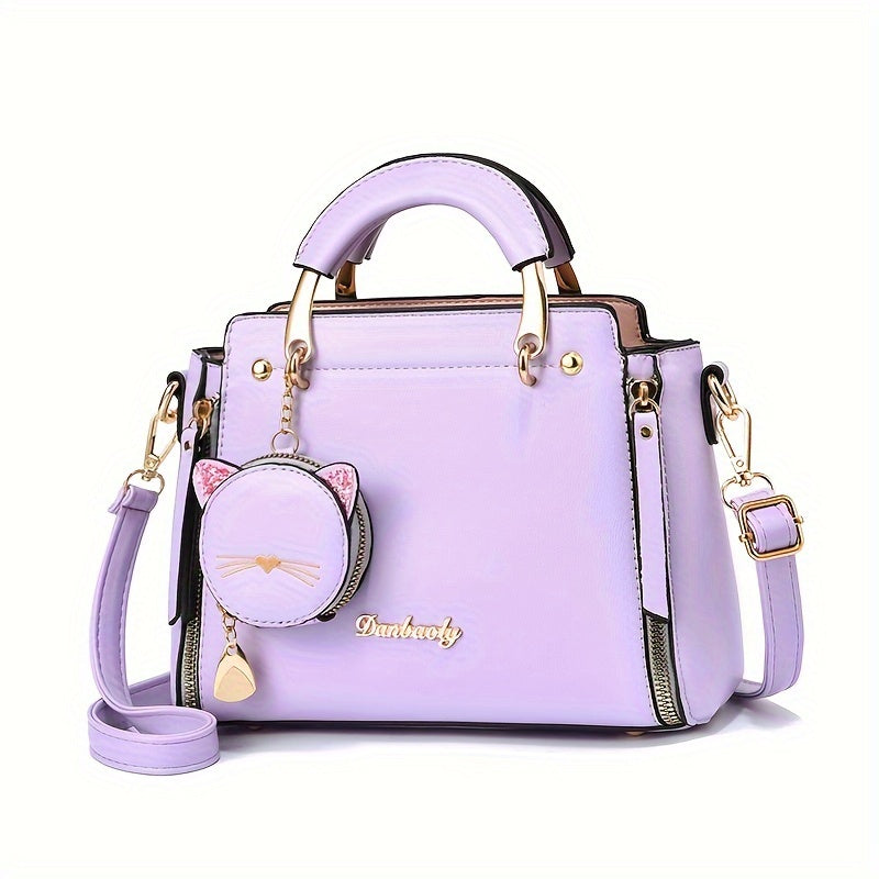 Mini Satchel Handbag with Kitten Pendant for Women, Top Handle Small Purse in Black, White, Pink, Purple, Khaki or Green for Coffee Dates and Casual Outings