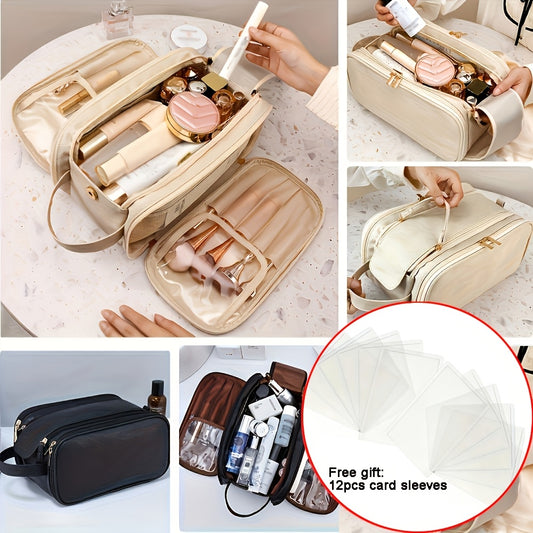 Tri-Fold Travel Makeup Bag with Multiple Zippered Pockets and Wrist Strap, Five Color Options for Cosmetic Brushes, Toiletries and Everyday Beauty Storage
