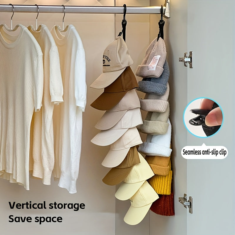 Hanging Hat Organizer with Eight Clips for Baseball Caps, One-Piece Black or Grey Wardrobe Storage Tool for Home Closets and Everyday Cap Collections