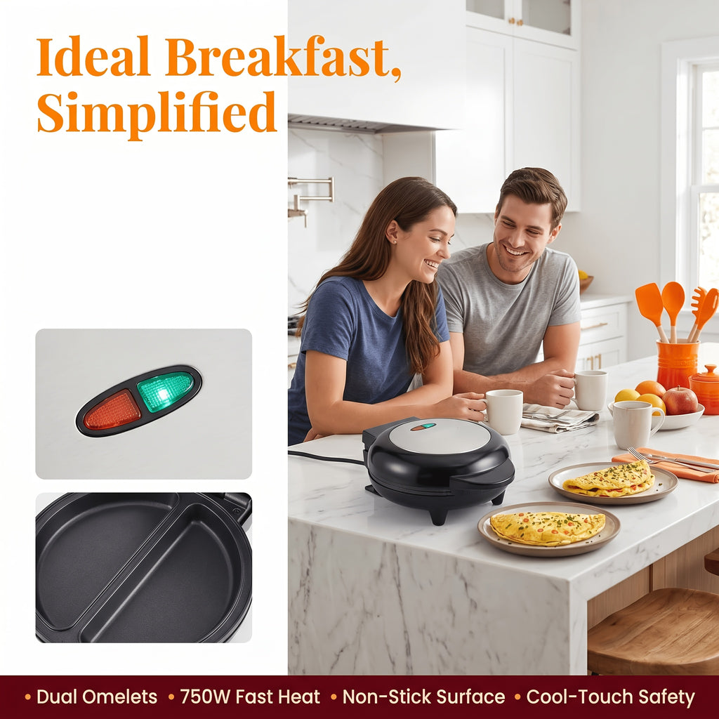 Electric Omelet Maker with Dual 6.5-Inch Nonstick Pans, Black Double-Sided Flip Cooker for Pancakes, Frittatas, Crepes and Homemade Breakfasts