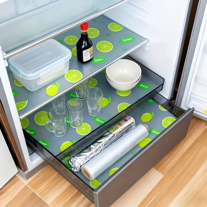 Lemon Pattern Refrigerator Liners in EVA, Four-Piece Washable Reusable Shelf Mat Set for Compatible Kitchen Drawers, Cabinets and Fridge Organization