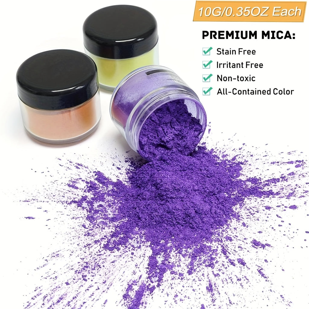 Mica Powder Pigment Set by SEISSO with 24 Listed Shimmer Colors in Labeled Bottles for Compatible Epoxy Resin Art, Acrylic Painting and Decorative Craft Projects