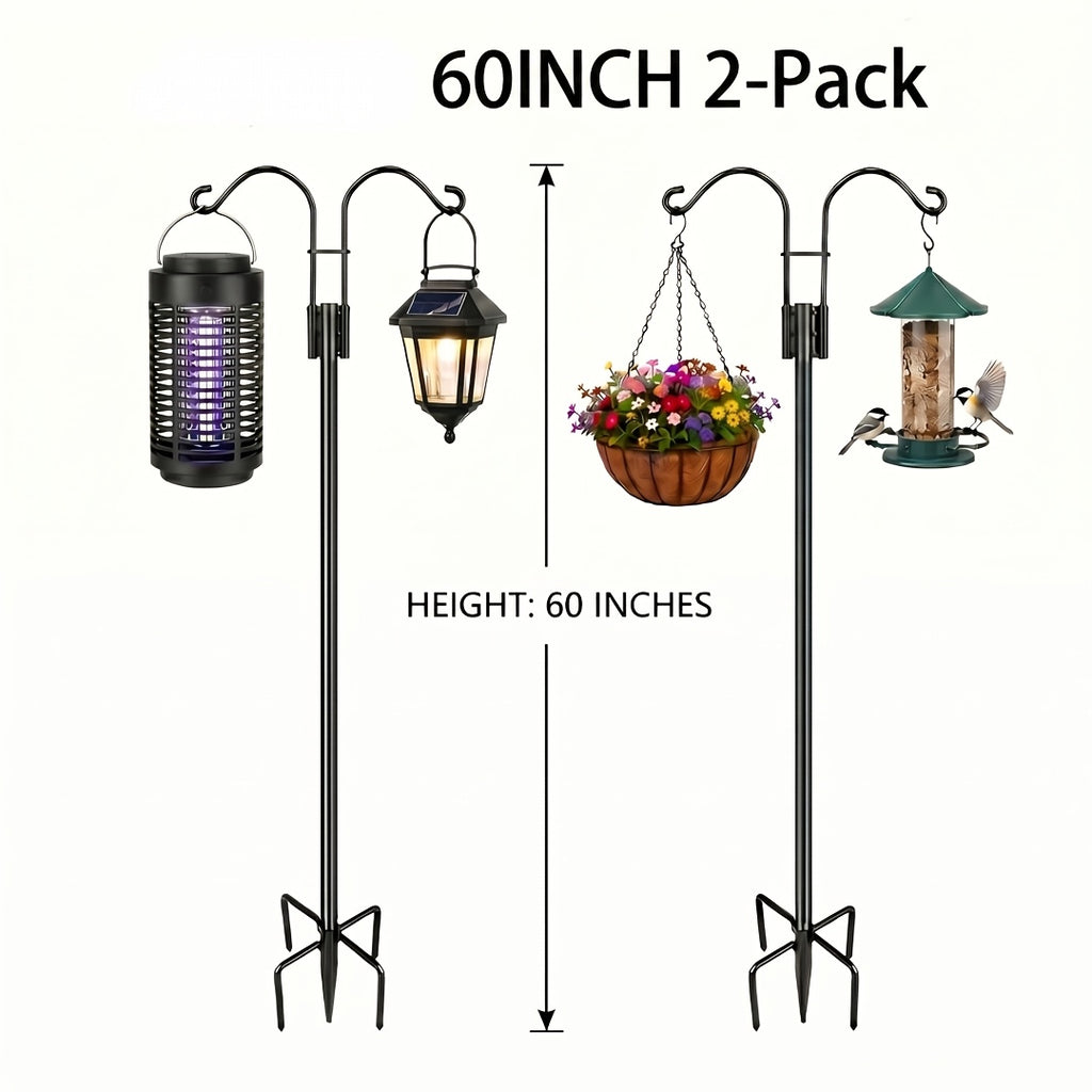 Double Shepherd Hooks for Garden, Listed Two-Piece 60-Inch Metal Pole Set with Five-Claw Bases and Adjustable Design for Bird Feeders, Hanging Baskets and Lanterns