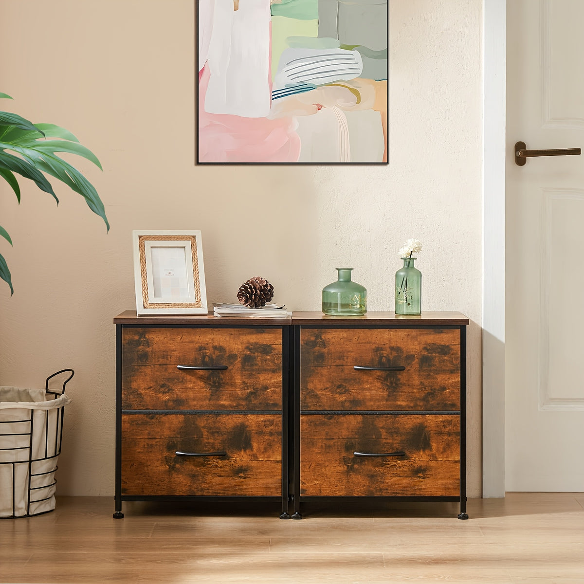 Narrow Fabric Storage Tower with Wooden Top, Two-Drawer Styles and Four-Drawer White Option for Bedroom, Closet, Laundry Room and Entryway Organization
