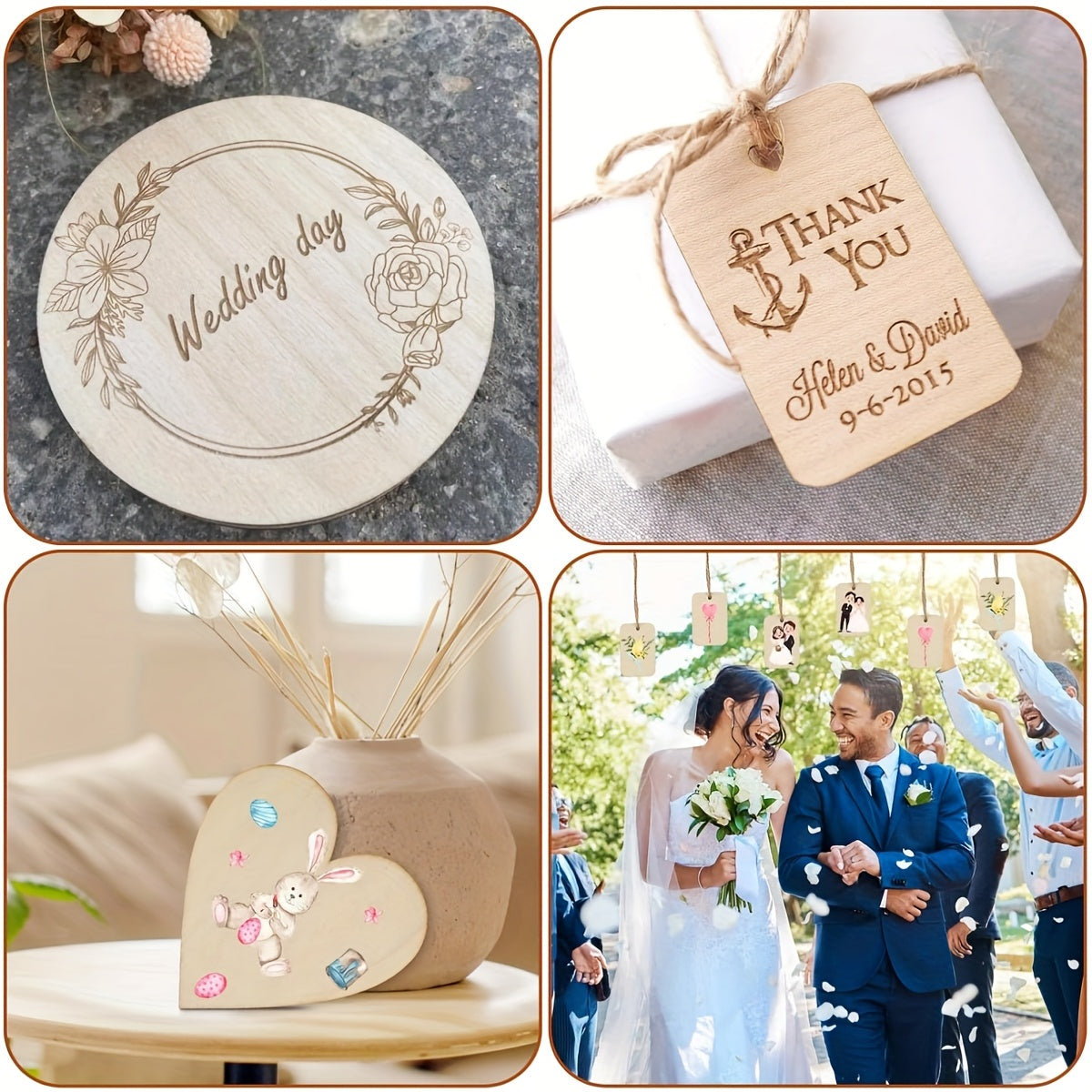 Wooden Craft Blanks in Round, Square and Heart Shapes, 130pcs or 65pcs with Twine Options for DIY Painting, Personalized Gift Accents and Wedding Decor