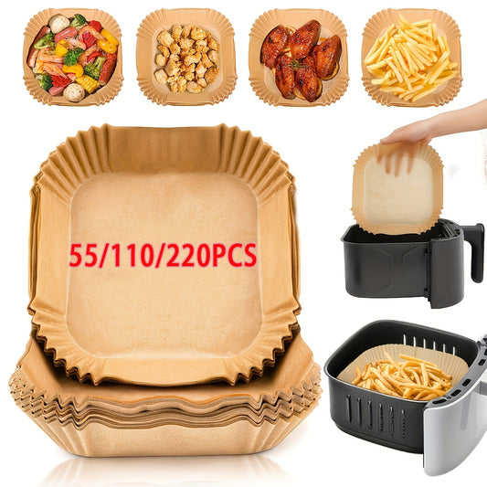 Square Air Fryer Paper Liners in 55, 110 or 220-Piece Packs, Disposable Nonstick Parchment for Compatible Basket Cooking, Baking and Everyday Meal Preparation