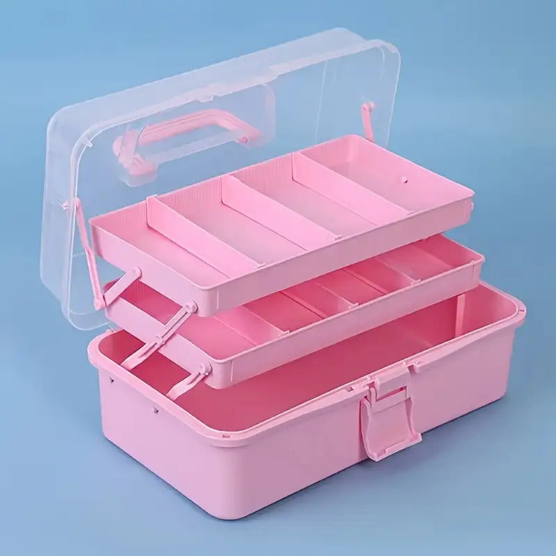 Folding Craft Storage Box with Listed Three-Layer Adjustable Design and Transparent Lid, Portable Organizer for Sewing Tools, Art Supplies and Scrapbooking Materials