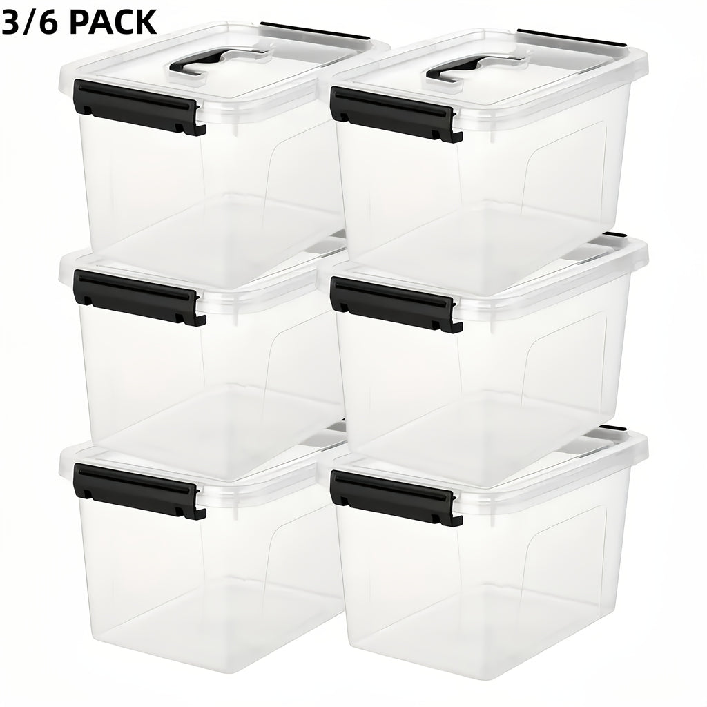 6-Quart Clear Plastic Storage Boxes with Latching Closures, Stackable 3 or 6-Pack Organizer Bins for Home Office Supplies and Closet Organization