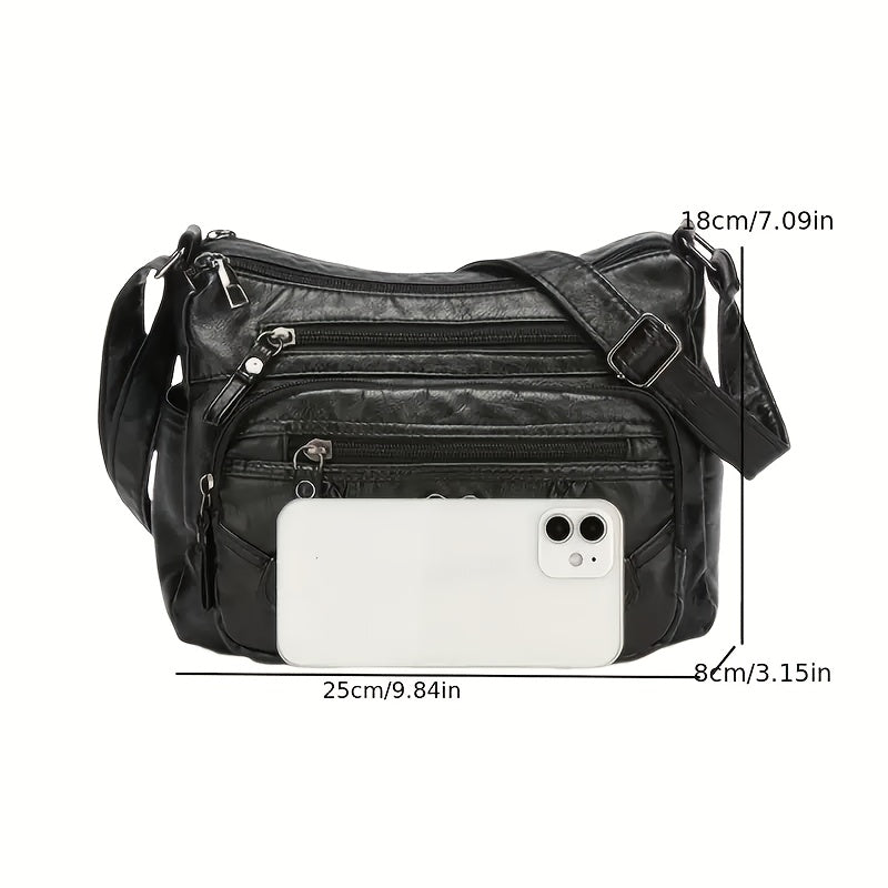 Grey Crossbody Bag with Heart Detail and Adjustable Shoulder Strap, Retro PU Purse with Multiple Zipper Pockets for Errands, Coffee Dates and Casual Daily Carry