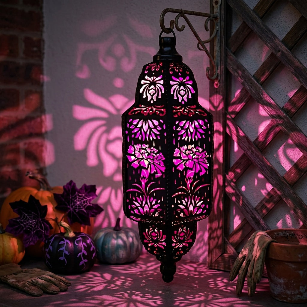 Hexagonal Solar Hanging Lantern, Moroccan-Inspired Hollow Iron Garden Light with Floral Pattern Projections and Automatic Night Lighting for Patio and Porch Decor