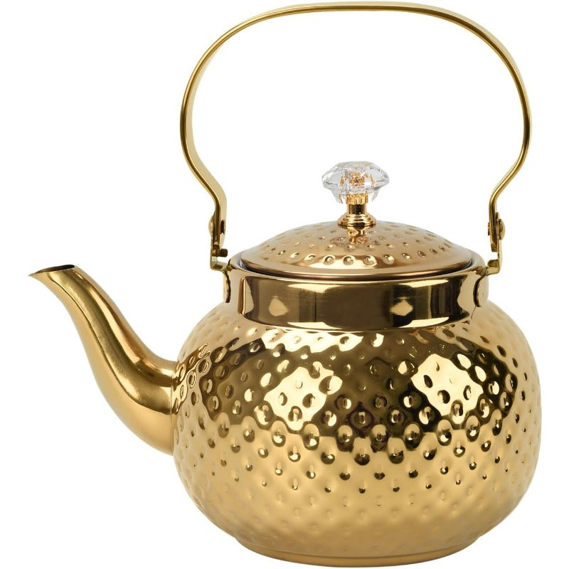 Hammered Stainless Steel Teapot with Strainer, 40.58oz Loose Leaf Tea Kettle in Gold or Silver for Home Tea Brewing & Tea Lover Gifts