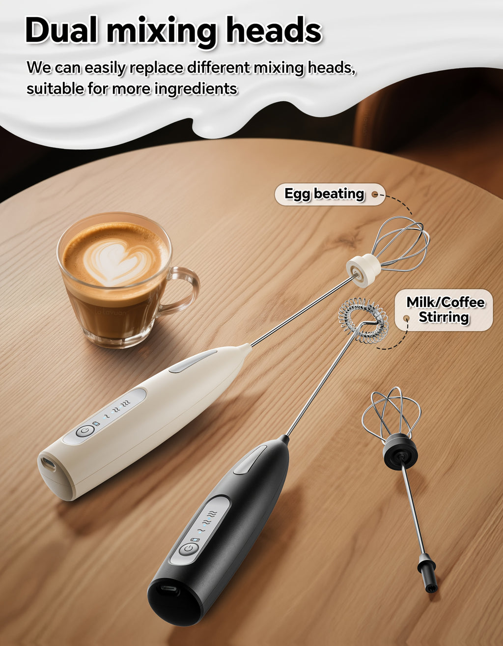 USB Rechargeable Milk Frother with Three Speeds, Handheld Electric Drink Mixer in Four Color Labels with Single Foam Head or Egg and Frother Head Options