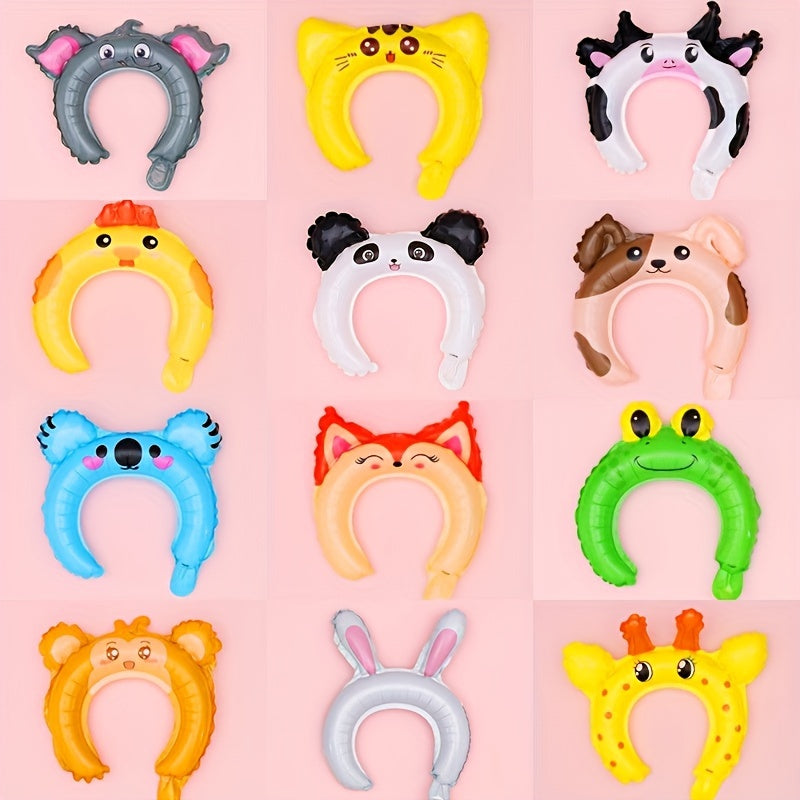 Zoo Animal Inflatable Headbands, 50-Piece Assortment with 10 Listed Styles for Safari and Jungle Birthday Party Favors, Balloon Hair Hoop Decorations