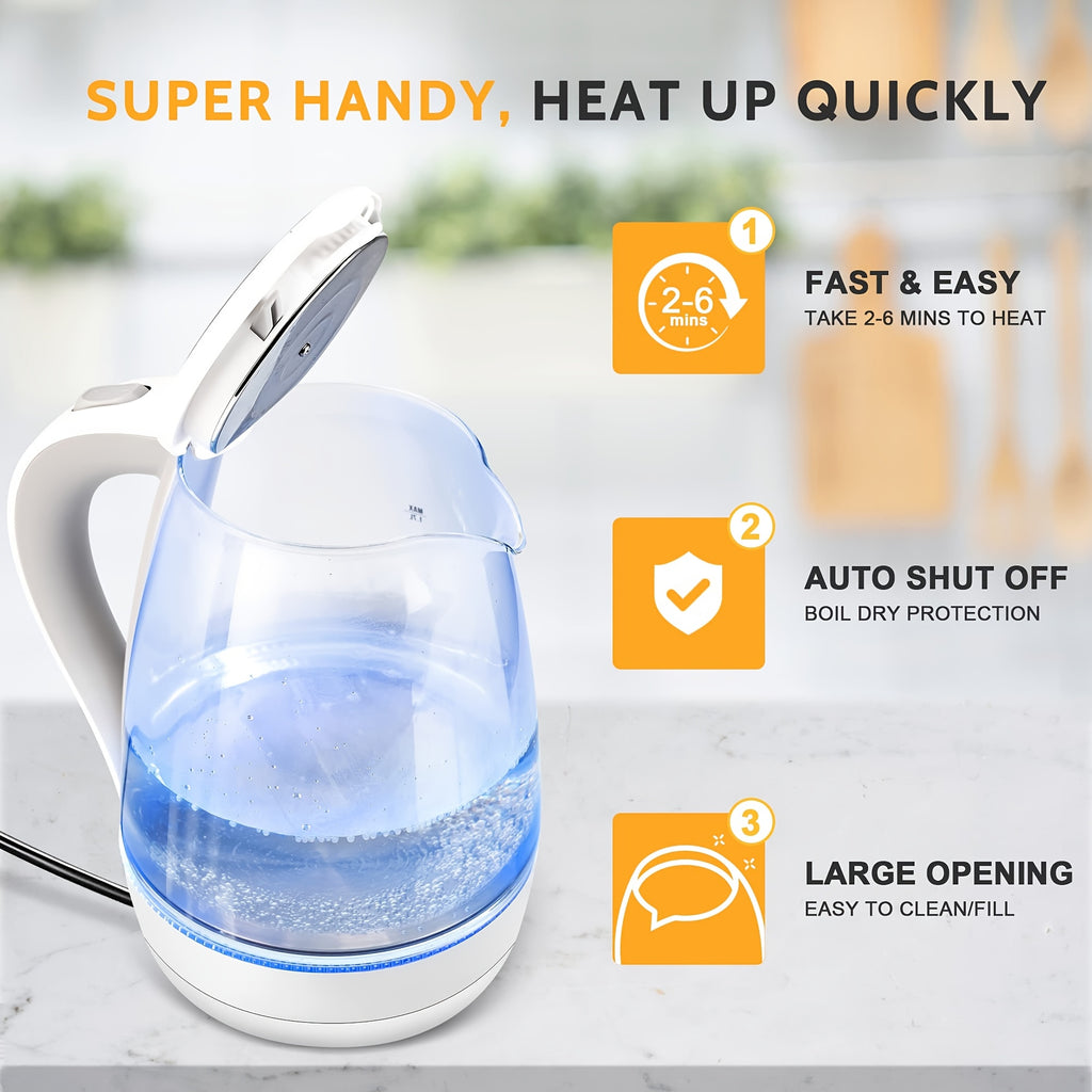Blue LED Glass Electric Kettle with Listed 1.7L Capacity and 1200W Heating, Angled Pouring Spout, Auto-Shutoff and Boil-Dry Protection for Tea and Hot Water