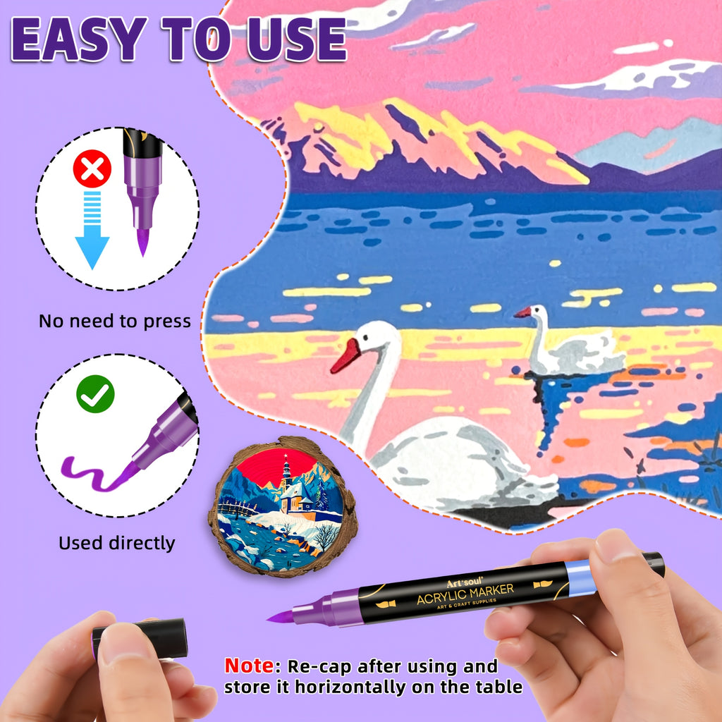 Art+soul Acrylic Paint Pens with 72 Numbered Colors, Dual Brush and 3mm Round Tips for Rock Painting, Wood, Canvas, Lettering and Decorative Craft Projects