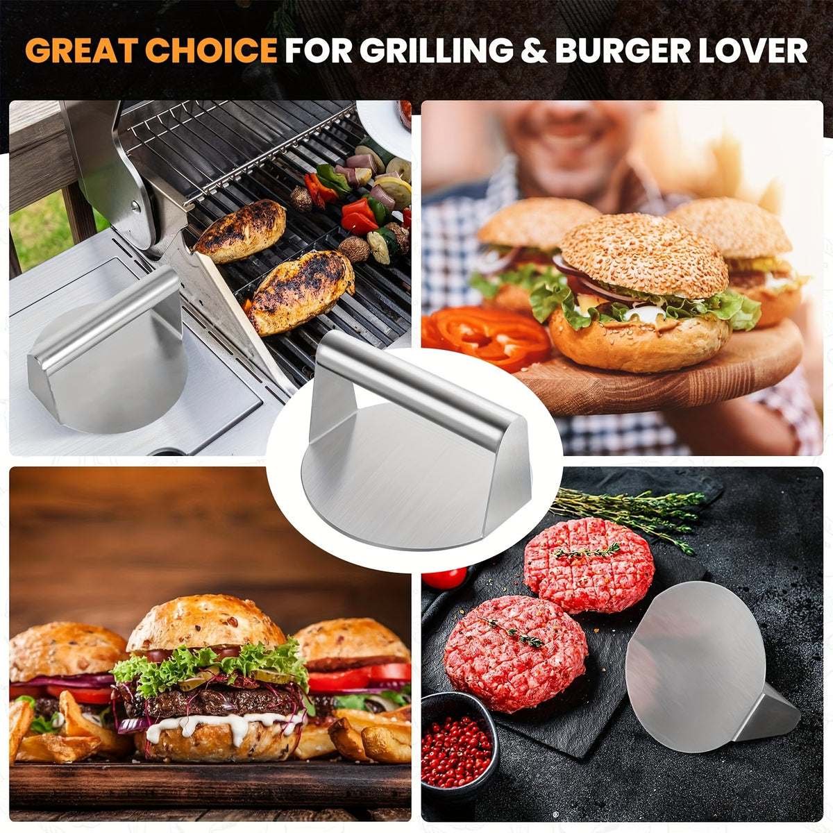 Stainless Steel Burger Press, Single Manual Patty Press with Listed Heat-Resistant Handle for Hamburger Shaping, Griddle Cooking and Home Kitchen Use