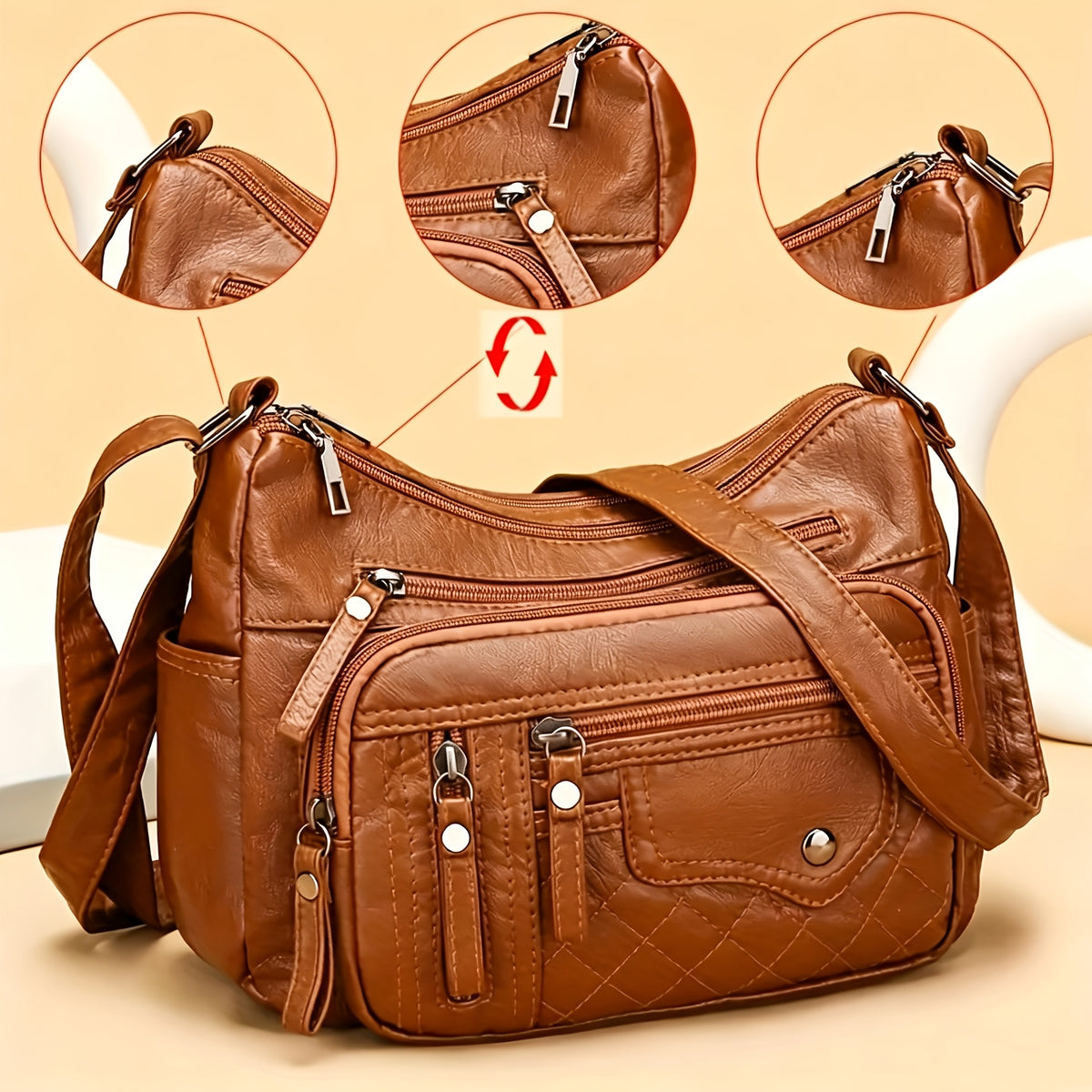CuteCity PU Shoulder Bag for Women with Adjustable Crossbody Strap, Multiple Zipper Pockets and Burgundy or Grey Options for Everyday Carry
