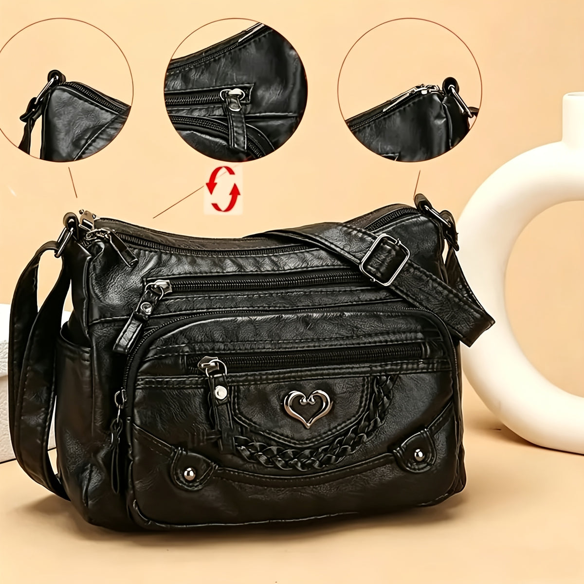 Grey Crossbody Bag with Heart Detail and Adjustable Shoulder Strap, Retro PU Purse with Multiple Zipper Pockets for Errands, Coffee Dates and Casual Daily Carry