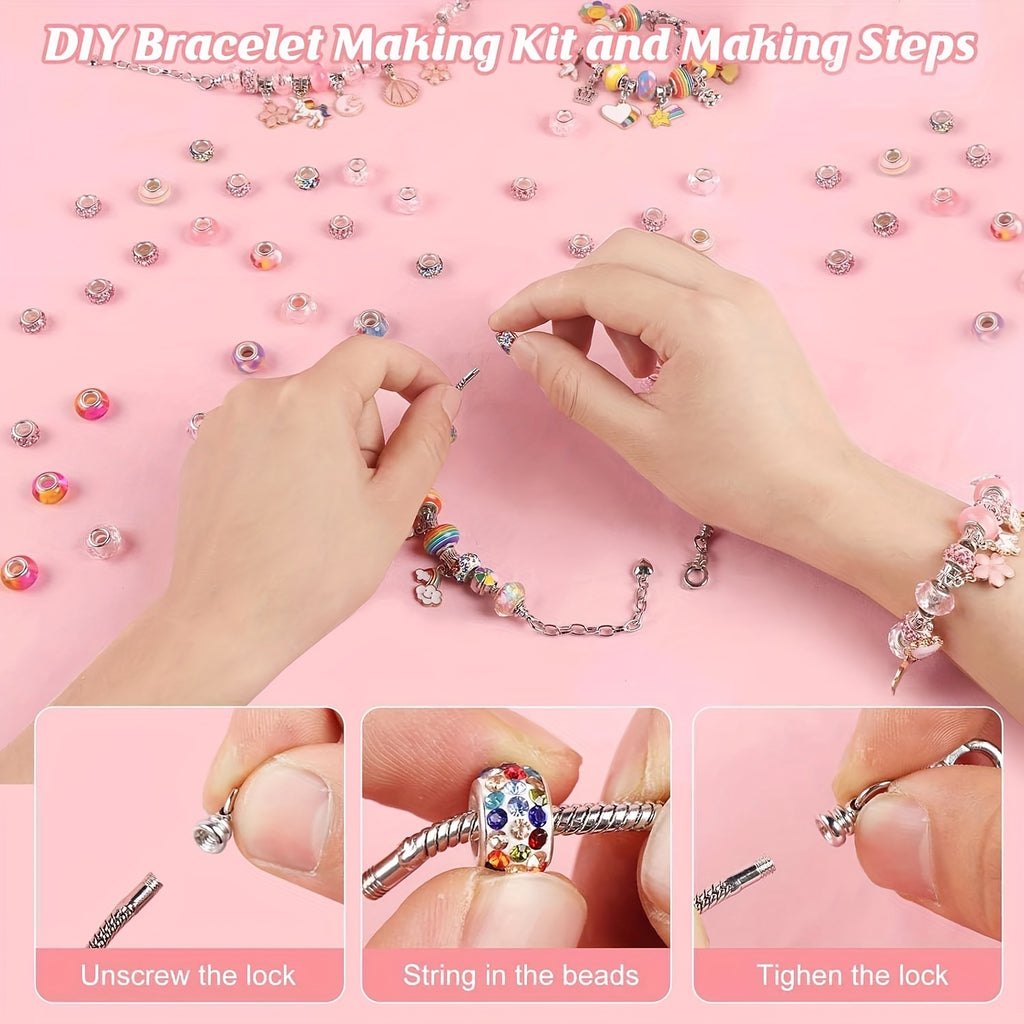 Charm Bracelet Making Kit with 134 Listed Pieces, 120 Beads, Six Bracelets and Six Necklaces with Jewelry Box and Gift Bag for Personalized DIY Jewelry Projects